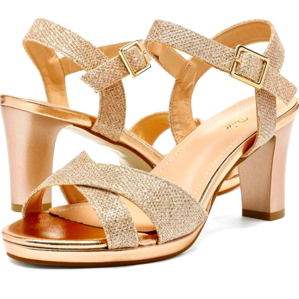 DREAM PAIRS Gold Sparkle Open Toe Ankle Strap High Chunky Heel Sandals 9.5